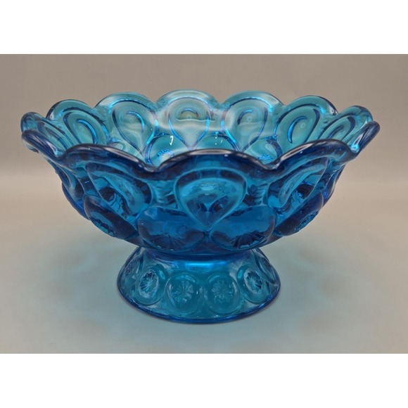 L.E. Smith Other - Vintage Bowl Turquoise/Blue L.E. Smith Scalloped Pedestal 'Moon & Stars' (#21)
